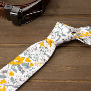 Men's Floral Necktie and Pocket Square Handkerchief Hanky Set, Marigold (Color F49)