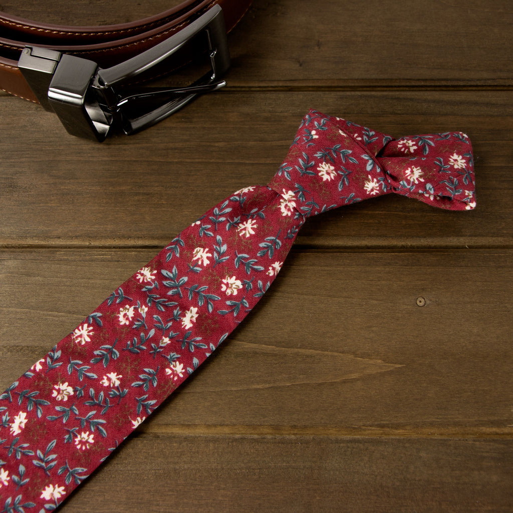 Men's Floral Necktie and Pocket Square Handkerchief Hanky Set, Rust (Color F56)