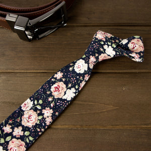 Men's Floral Necktie and Pocket Square Handkerchief Hanky Set, Navy Blush Pink (Color F59)
