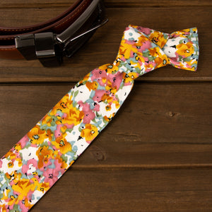 Men's Floral Necktie and Pocket Square Handkerchief Hanky Set, Pink Yellow (Color F68)