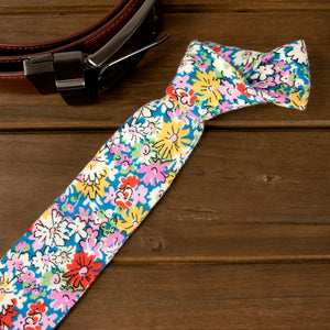 Men's Floral Necktie and Pocket Square Handkerchief Hanky Set, Blue Yellow (Color F70)