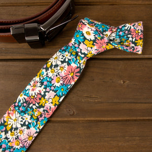 Men's Floral Necktie and Pocket Square Handkerchief Hanky Set, Navy Coral (Color F71)