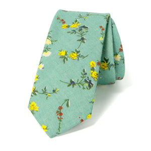 Men's Cotton Printed Floral Skinny Tie, Green Yellow (Color F72)