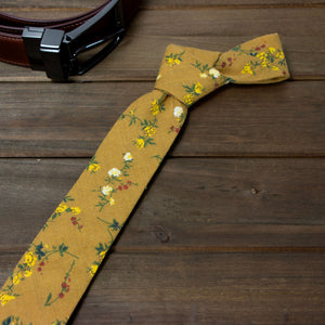 Men's Floral Necktie and Pocket Square Handkerchief Hanky Set, Yellow Mustard (Color F73)