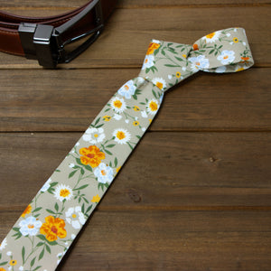 Men's Cotton Printed Floral Skinny Tie, Taupe Khaki (Color F74)