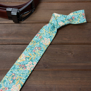 Men's Cotton Printed Floral Skinny Tie, Green Yellow (Color F76)