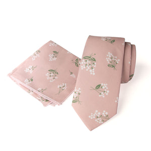 Men's Floral Necktie and Pocket Square Handkerchief Hanky Set, Blush Pink (Color F13)