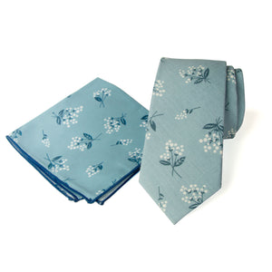 Men's Floral Necktie and Pocket Square Handkerchief Hanky Set, Light Blue (Color F14)