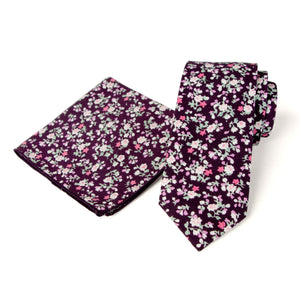 Men's Floral Necktie and Pocket Square Handkerchief Hanky Set, Purple (Color F20)