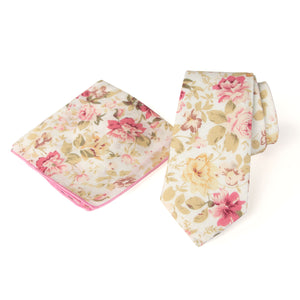 Men's Floral Necktie and Pocket Square Handkerchief Hanky Set, Peach (Color F25)
