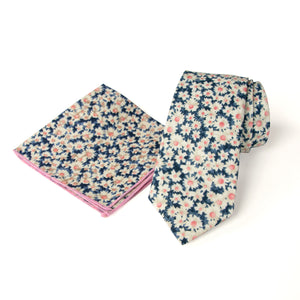 Men's Floral Necktie and Pocket Square Handkerchief Hanky Set, Blue Pink (Color F28)