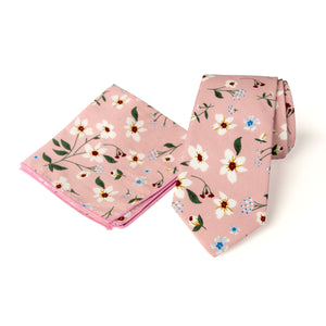 Men's Floral Necktie and Pocket Square Handkerchief Hanky Set, Light Pink (Color F29)