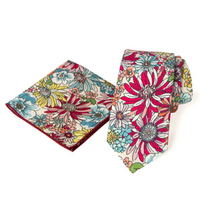 Men's Floral Necktie and Pocket Square Handkerchief Hanky Set, Blue Red (Color F30)