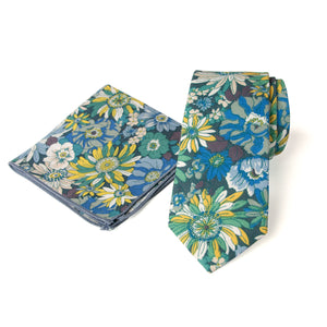 Men's Floral Necktie and Pocket Square Handkerchief Hanky Set, Blue (Color F31)