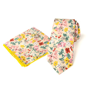 Men's Floral Necktie and Pocket Square Handkerchief Hanky Set, Ivory (Color F33)