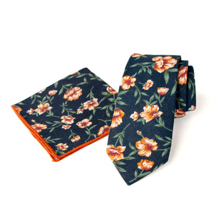 Men's Floral Necktie and Pocket Square Handkerchief Hanky Set, Navy Orange (Color F35)