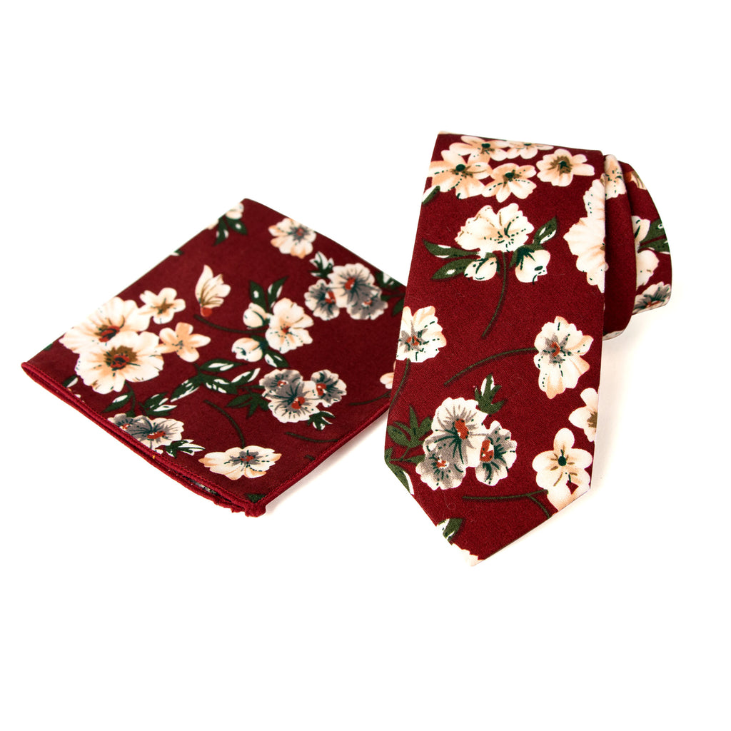 Men's Floral Necktie and Pocket Square Handkerchief Hanky Set, Burgundy (Color F37)