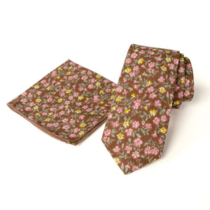 Men's Floral Necktie and Pocket Square Handkerchief Hanky Set, Brown (Color F39)