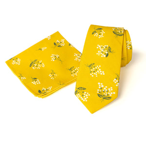 Men's Floral Necktie and Pocket Square Handkerchief Hanky Set, Mustard (Color F40)
