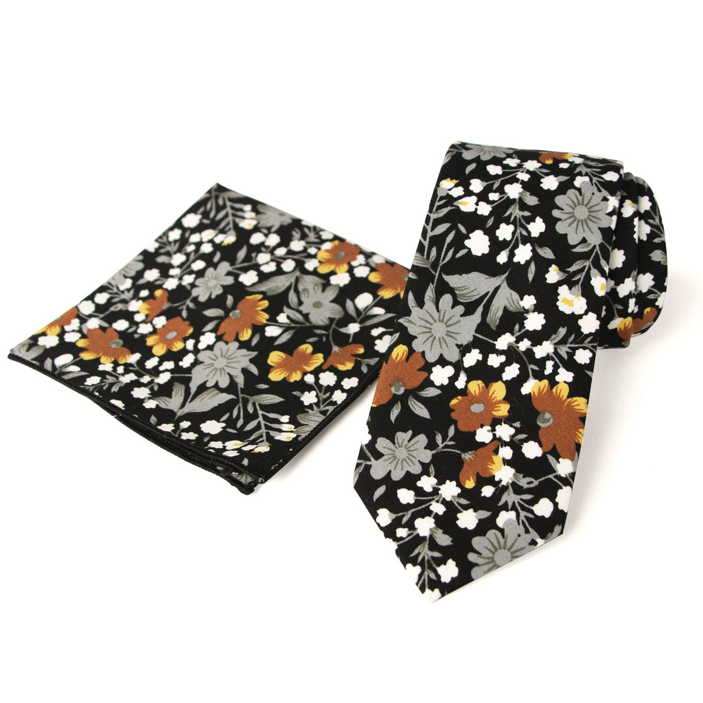Men's Floral Necktie and Pocket Square Handkerchief Hanky Set, Black Mustard (Color F41)