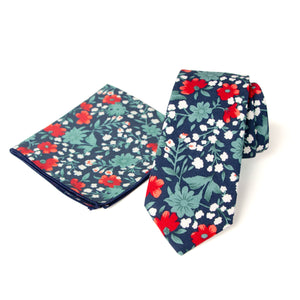 Men's Floral Necktie and Pocket Square Handkerchief Hanky Set, Blue Red (Color F42)