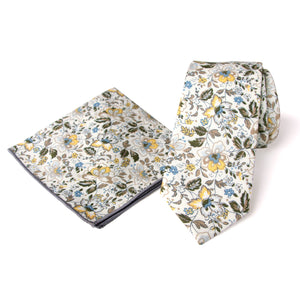 Men's Floral Necktie and Pocket Square Handkerchief Hanky Set, Gold Metallic (Color F44)