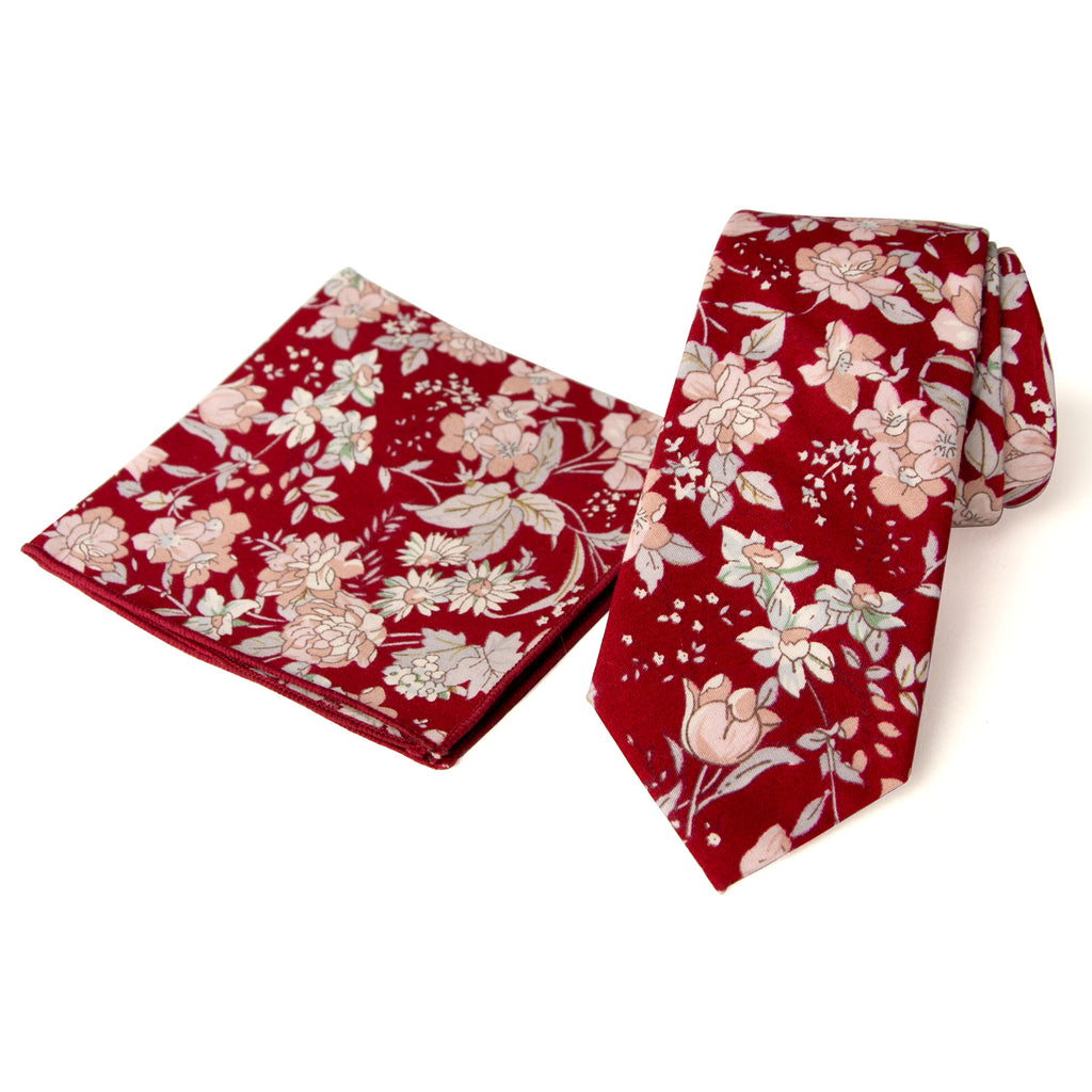 Men's Floral Necktie and Pocket Square Handkerchief Hanky Set, Apple Red (Color F45)