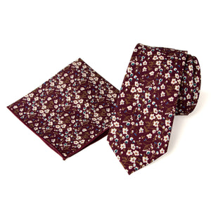Men's Floral Necktie and Pocket Square Handkerchief Hanky Set, Wine (Color F47)