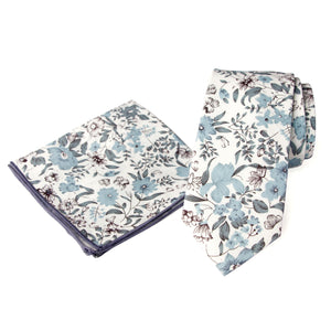 Men's Floral Necktie and Pocket Square Handkerchief Hanky Set, Dusty Blue (Color F48)