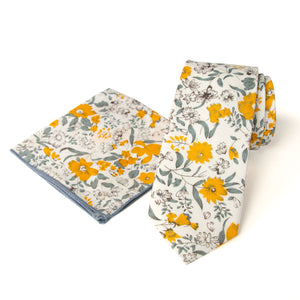 Men's Floral Necktie and Pocket Square Handkerchief Hanky Set, Marigold (Color F49)