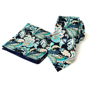 Men's Floral Necktie and Pocket Square Handkerchief Hanky Set, Marine (Color F50)