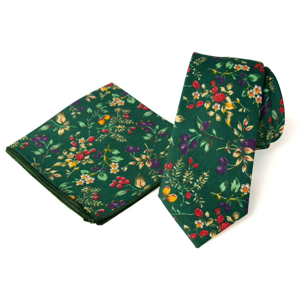 Men's Floral Necktie and Pocket Square Handkerchief Hanky Set, Juniper (Color F51)