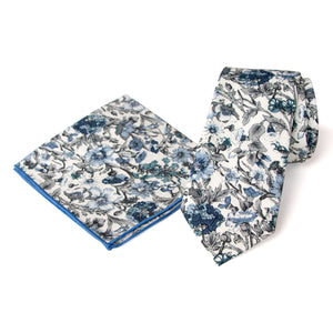Men's Floral Necktie and Pocket Square Handkerchief Hanky Set, Steel Blue (Color F54)