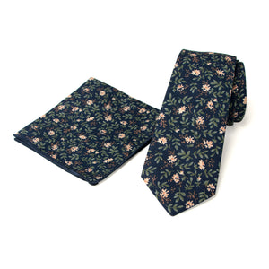 Men's Floral Necktie and Pocket Square Handkerchief Hanky Set, Navy (Color F57)