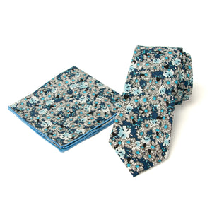 Men's Floral Necktie and Pocket Square Handkerchief Hanky Set, Blue (Color F58)