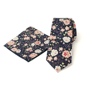 Men's Floral Necktie and Pocket Square Handkerchief Hanky Set, Navy Blush Pink (Color F59)