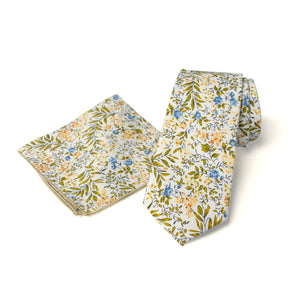 Men's Floral Necktie and Pocket Square Handkerchief Hanky Set, Yellow Blue (Color F63)