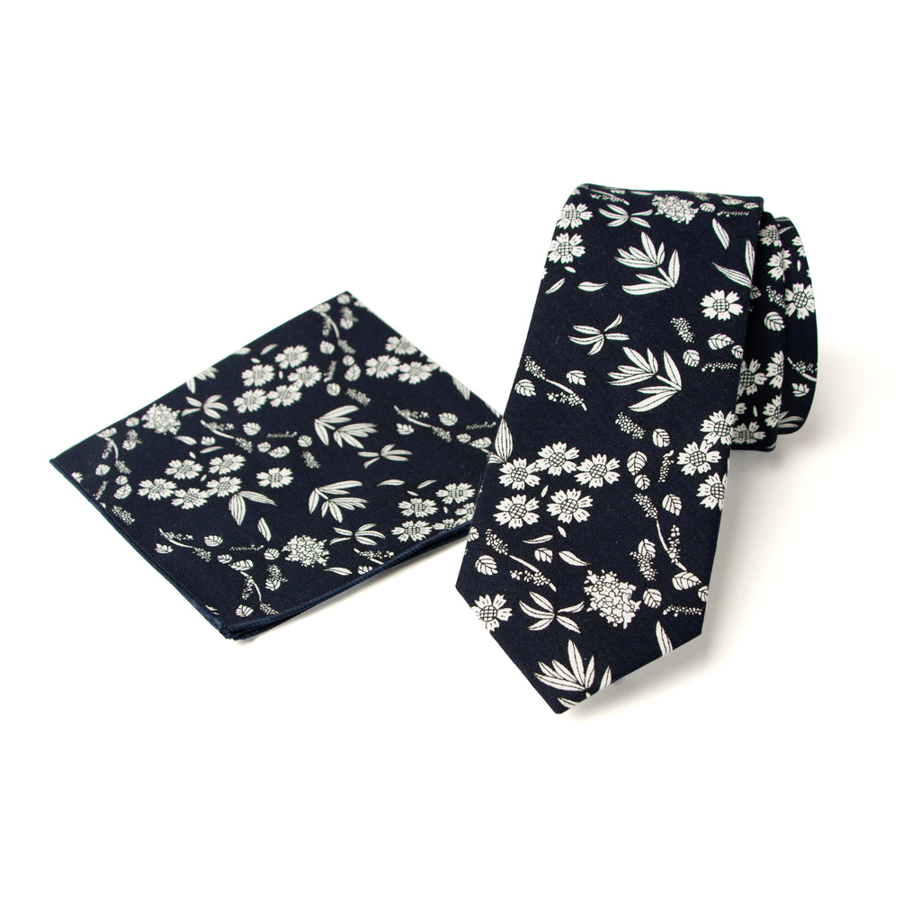 Men's Floral Necktie and Pocket Square Handkerchief Hanky Set, Navy (Color F66)