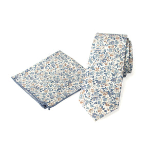 Men's Floral Necktie and Pocket Square Handkerchief Hanky Set, Steel Blue (Color F67)