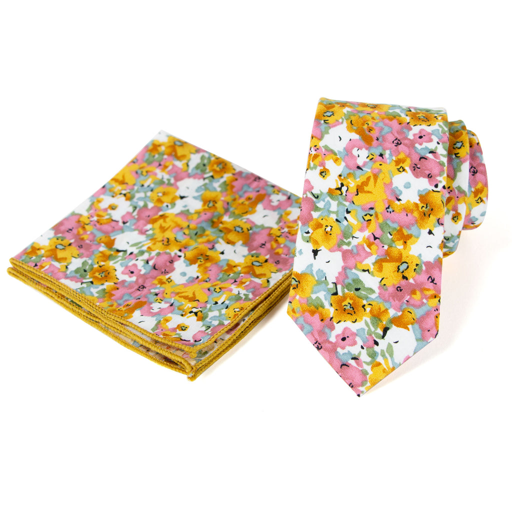 Men's Floral Necktie and Pocket Square Handkerchief Hanky Set, Pink Yellow (Color F68)