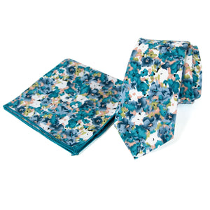 Men's Floral Necktie and Pocket Square Handkerchief Hanky Set, Teal (Color F69)