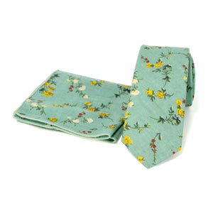 Men's Floral Necktie and Pocket Square Handkerchief Hanky Set, Green Yellow (Color F72)