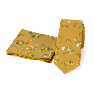Men's Floral Necktie and Pocket Square Handkerchief Hanky Set, Yellow Mustard (Color F73)