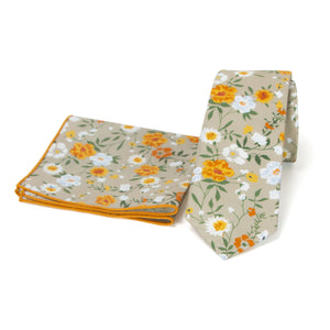 Men's Floral Necktie and Pocket Square Handkerchief Hanky Set, Taupe Khaki (Color F74)