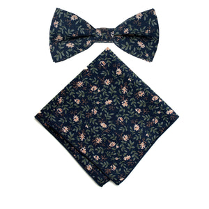 Men's Cotton Floral Bow Tie and Handkerchief Set, Navy (Color F57)