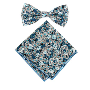 Men's Cotton Floral Bow Tie and Handkerchief Set, Blue (Color F58)
