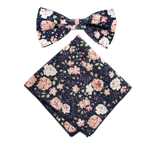 Men's Cotton Floral Bow Tie and Handkerchief Set, Navy Blush Pink (Color F59)