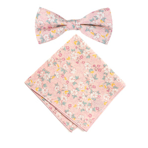Men's Cotton Floral Bow Tie and Handkerchief Set, Blush Pink (Color F60)