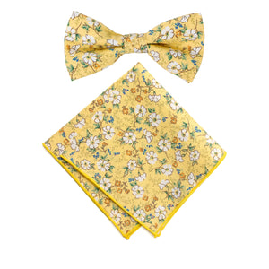 Men's Cotton Floral Bow Tie and Handkerchief Set, Yellow (Color F61)