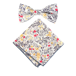 Men's Cotton Floral Bow Tie and Handkerchief Set, Yellow Red (Color F62)